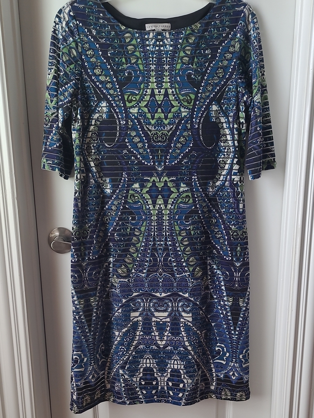 Sandra Darren Navy and Green Paisley-Print Midi Sheath Dress